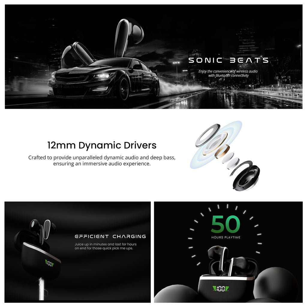 Sonic Beats – 50-Hour HD Wireless Earbuds with BT 5.3, Noise Reduction & IPX5 Water Resistance.