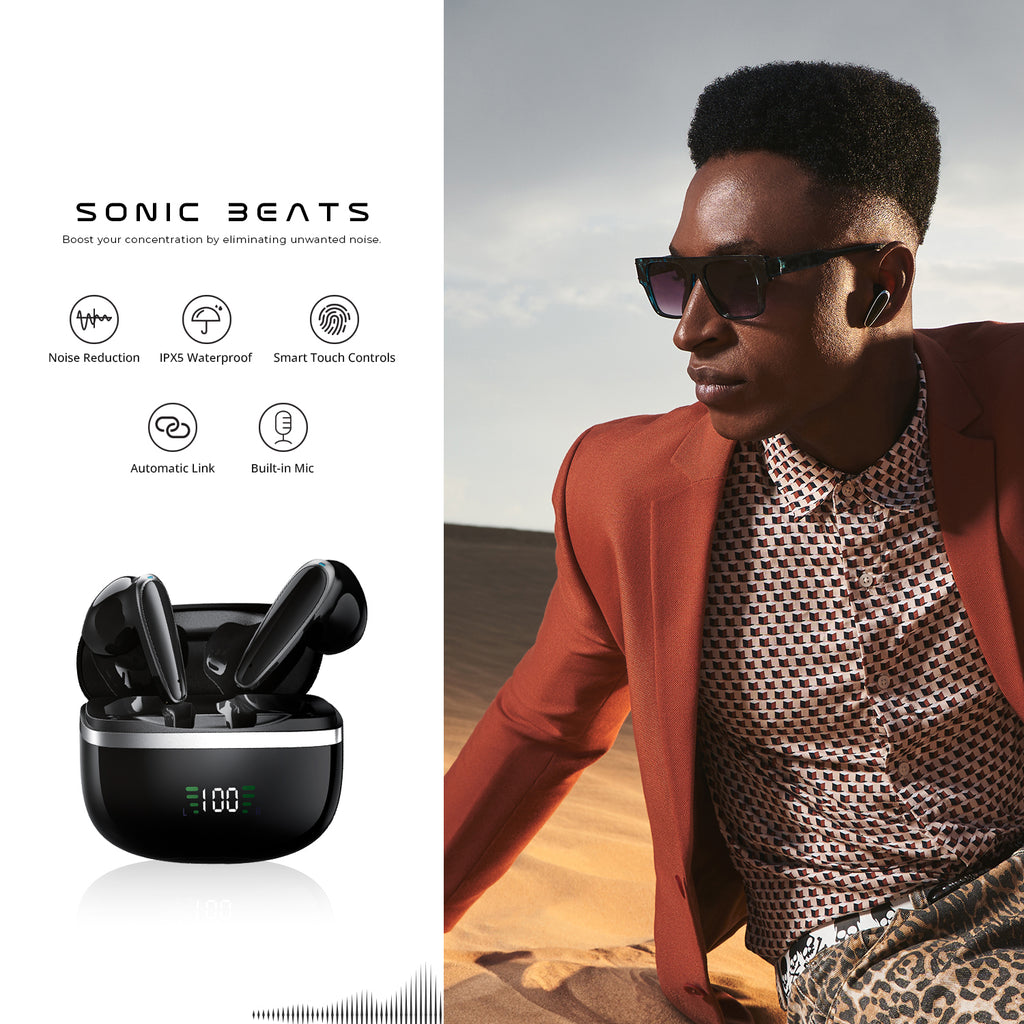 Sonic Beats – 50-Hour HD Wireless Earbuds with BT 5.3, Noise Reduction & IPX5 Water Resistance.