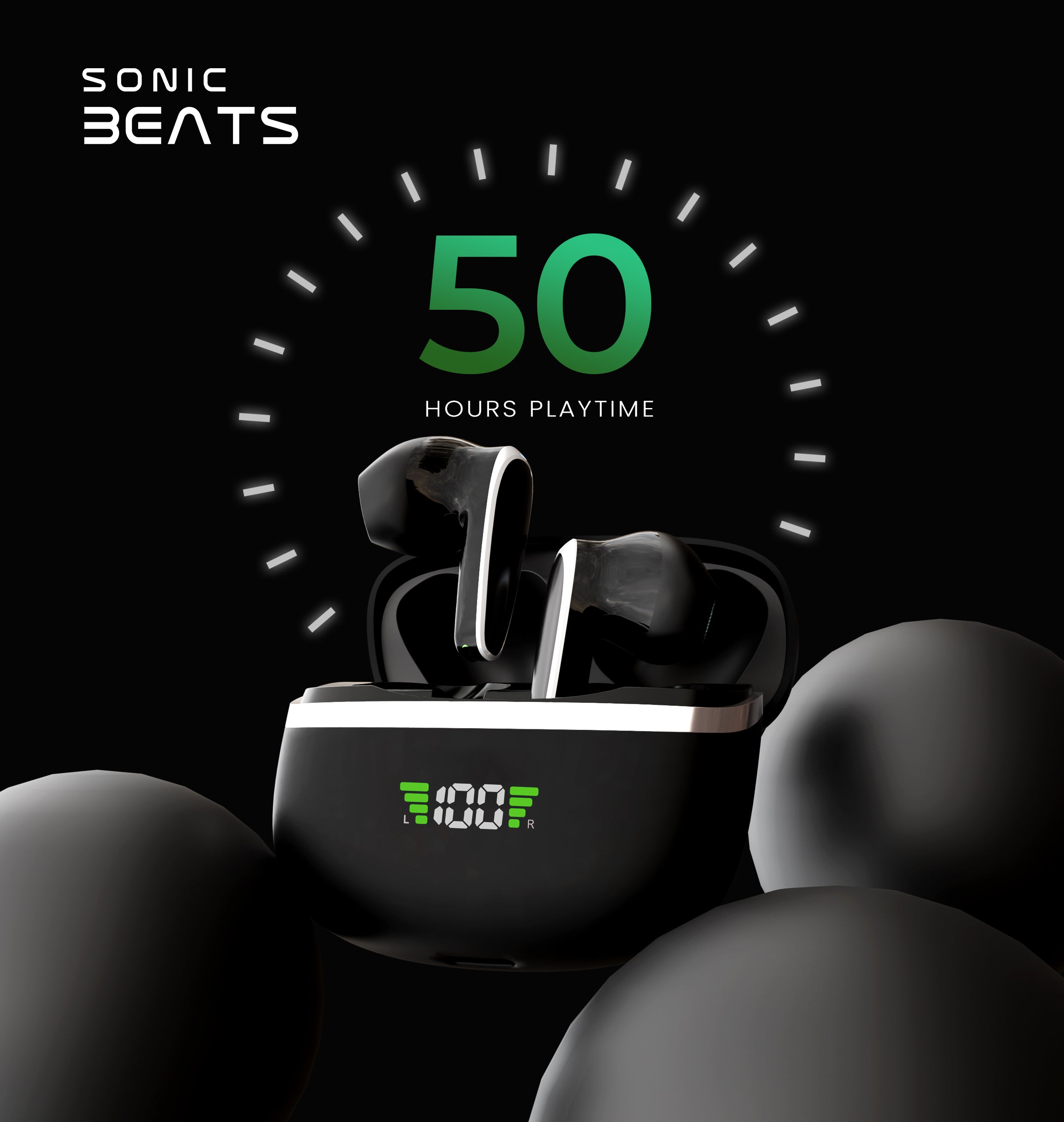 Sonic Beats – 50-Hour HD Wireless Earbuds with BT 5.3, Noise Reduction & IPX5 Water Resistance.