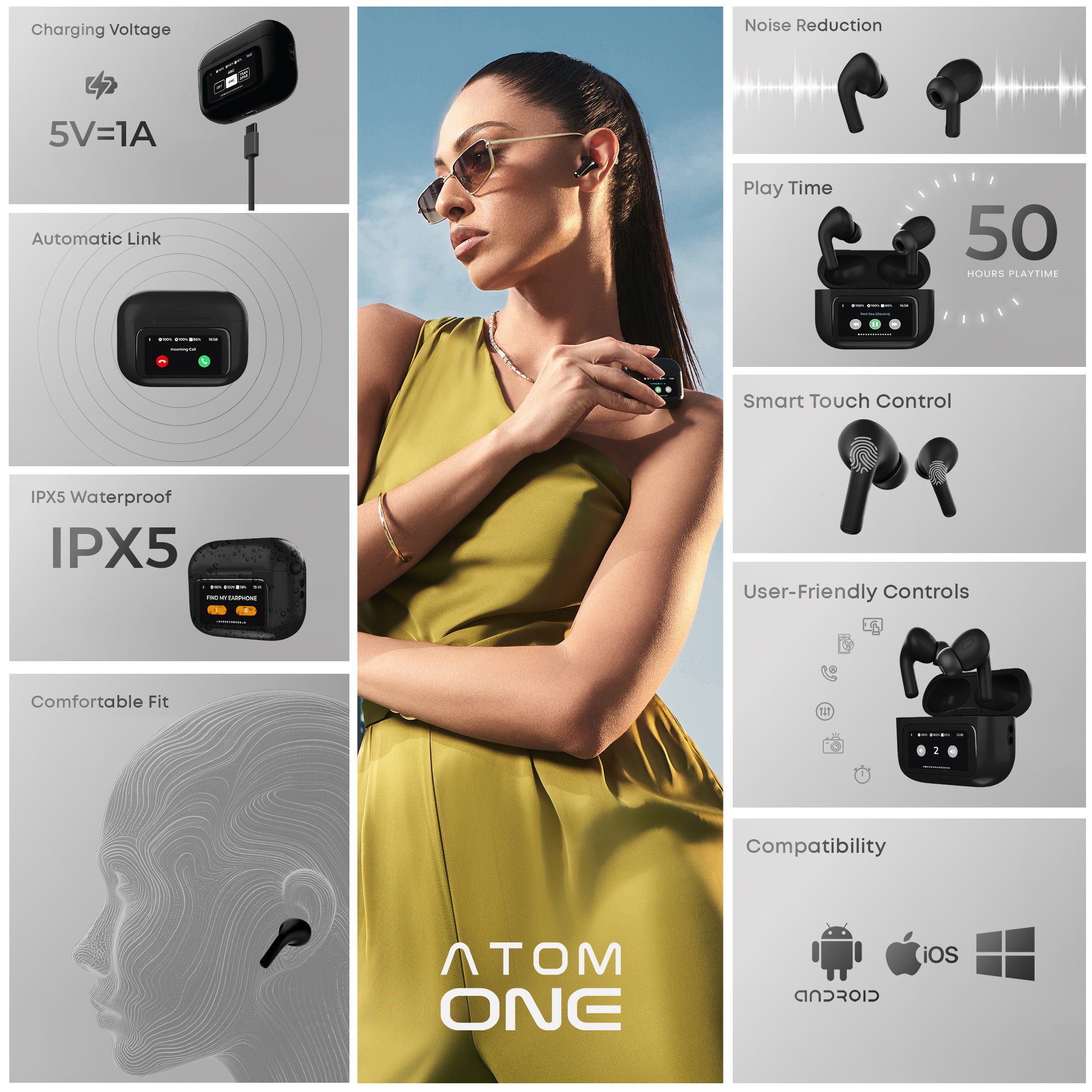 Atom One – Touchscreen ANC TWS with ENC Mic, BT 5.4 & 38H Battery (IPX5).